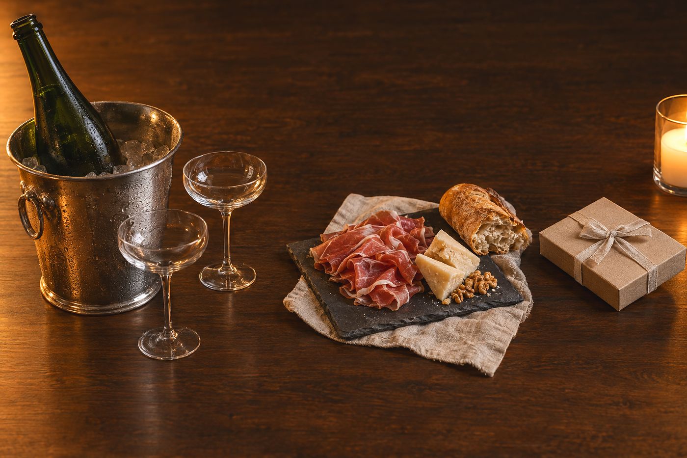 Un seau à champagne, deux coupes, une planche de charcuterie et de fromage et un coffret, sur une table de bois sombre éclairée à la bougie.