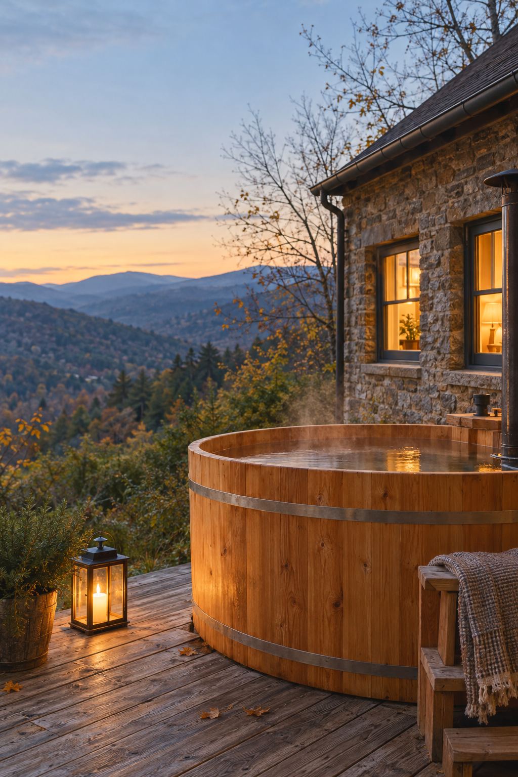Un bain nordique en bois fume sur la terrasse d’un hébergement de montagne, à la tombée du jour.